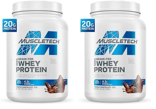MuscleTech Grass Fed Whey Protein Powder for Muscle Gain, Growth Hormone Free, Non-GMO, Gluten Free, 20g Protein + 4.3g BCAA, Triple Chocolate, 1.8 lbs (Pack of 2)