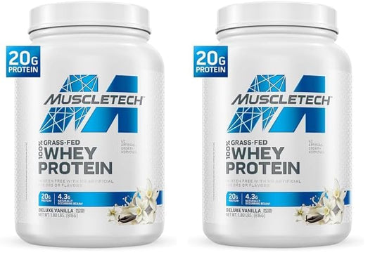 MuscleTech Grass Fed Whey Protein Grass Fed Whey Protein Powder Protein Powder for Muscle Gain Growth Hormone Free, Non-GMO, Gluten Free 20g Protein + 4.3g BCAA Deluxe Vanilla, 1.8 lbs (Pack of 2)