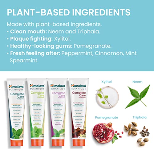 Himalaya Botanique Complete Care Toothpaste, Plaque Reducer for Brighter Teeth and Fresh Breath, Natural, Fluoride Free, SLS Free, Carrageenan Free & Gluten Free, Vegan, 150 g (5.29 oz), Variety 4 Pack