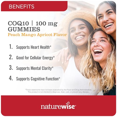 NatureWise CoQ10 Gummies 100mg - Peach Mango Flavor - Supplement for Heart Health & Antioxidant Activity - Pectin-Based, Vegan, Soy and Gluten Free, Non-GMO - 60 Count[1-Month Supply]