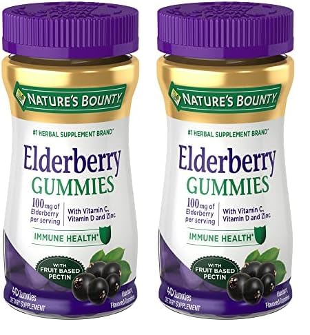 Nature's Bounty Elderberry Gummies, Immune Support, Contains Vitamin A, C, D, E and Zinc, 40 Gummies (Pack of 2)