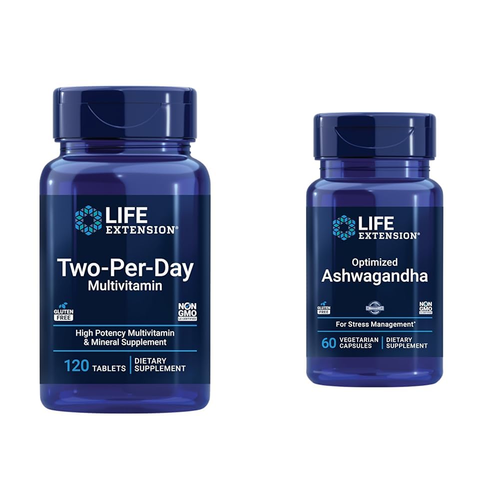 Life Extension Two-Per-Day 120 Tablet Multi-Vitamin & 60 Capsule Optimized Ashwagandha Stress Relief Supplement Bundle