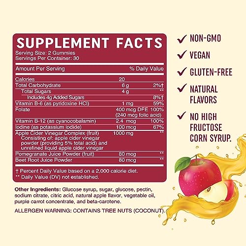 Organic Apple Cider Vinegar Gummies (60 Ct.) | Weight, Digestion, Detox, Immunity & Diet Support with ACV | With The Mother, Vitamin B6, B12 & Folate | Belly Fat Burner for Women & Men | Vegan, 500MG