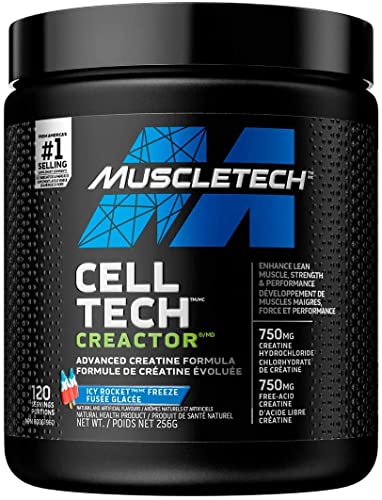 Muscletech Creatine Powder, Cell-Tech Creactor Creatine HCl, Post Workout Muscle Builder for Men and Women, Creatine HCl plus Free-Acid Creatine, Creatine Supplements, Icy Rocket Freeze (120 Servings), 256 g (Pack of 1)