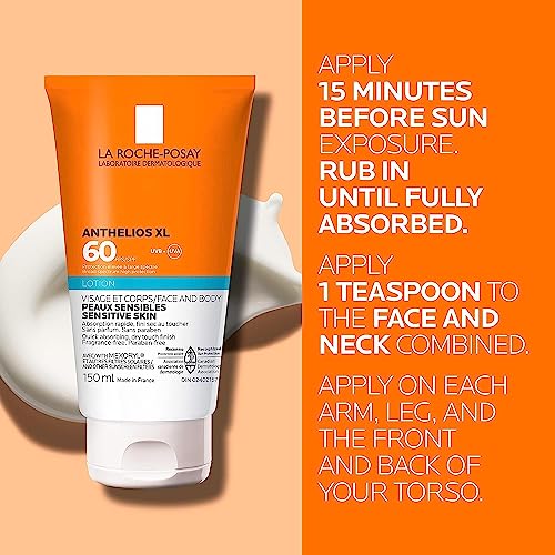 La Roche-Posay Body Sunscreen Lotion, Anthelios Sunscreen Broad Spectrum SPF 60, Fragrance-Free, Non-Comedogenic, Non Greasy, Hypoallergenic, Water Resistant, Dermatologist Recommended, 150ML