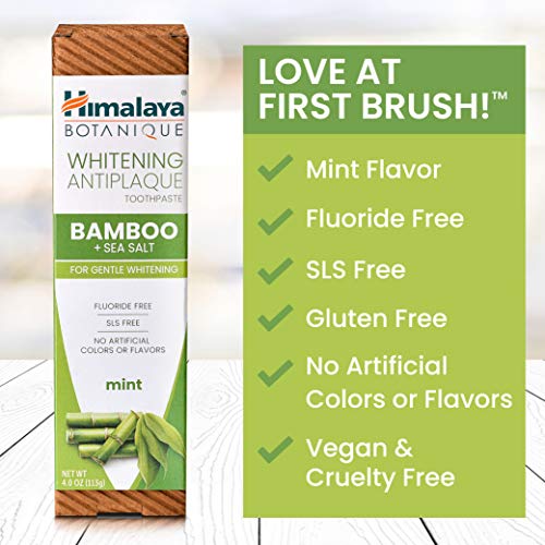 Himalaya Botanique Whitening Antiplaque Toothpaste with Bamboo + Sea Salt for Gentle Whitening, Mint Flavor, Fluoride Free, Vegan, Gluten Free & SLS Free, Vegan, 4 oz (113 g), 4 Pack