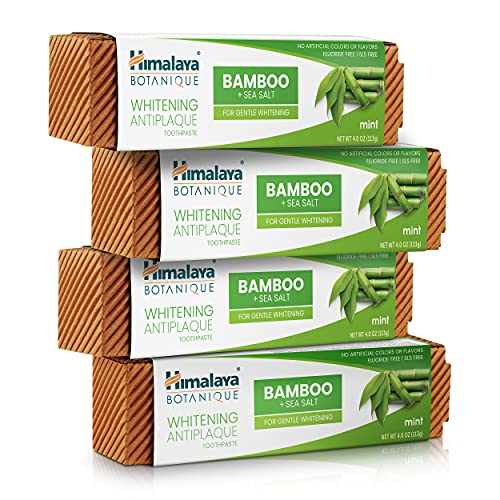 Himalaya Botanique Whitening Antiplaque Toothpaste with Bamboo + Sea Salt for Gentle Whitening, Mint Flavor, Fluoride Free, Vegan, Gluten Free & SLS Free, Vegan, 4 oz (113 g), 4 Pack