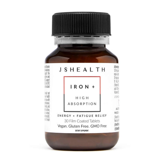 JSHealth Vitamins Iron+ Supplement for Energy Support - Iron Deficiency Pills with Vitamin C and Vitamin B12 - No Nausea - (30 Tablets)