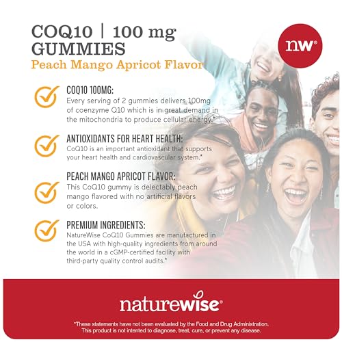 NatureWise CoQ10 Gummies 100mg - Peach Mango Flavor - Supplement for Heart Health & Antioxidant Activity - Pectin-Based, Vegan, Soy and Gluten Free, Non-GMO - 60 Count[1-Month Supply]