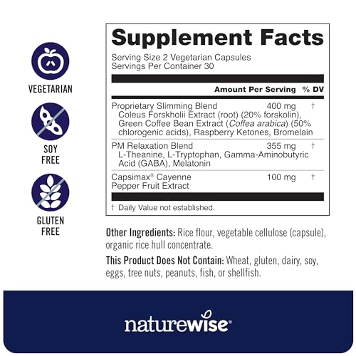 Naturewise Nighttime Fitness Support Supplement & Natural Sleep Aid with Cayenne Extract, Green Coffee Bean, GABA, L-Theanine - Vegetarian, Non-GMO - 60 Capsules[1-Month Supply]