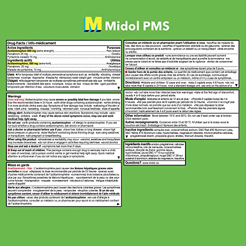 Midol PMS Caffeine-Free Pain Reliever, Fast Relief of Pre-Menstrual Period Symptoms such as Irritability, Bloating, Cramps, Breast tenderness, Backache, Headaches and Muscle Aches (40 Caplets)