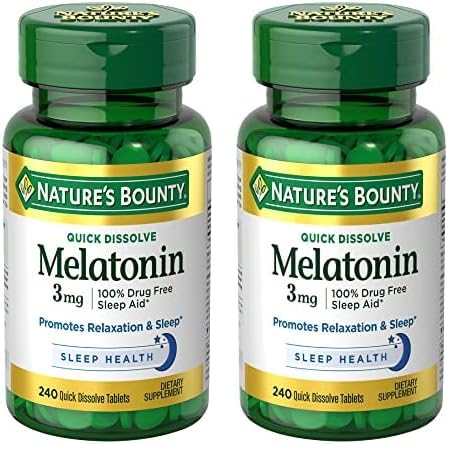 Nature's Bounty Melatonin 3mg, 100% Drug Free Sleep Aids for Adults, Supports Relaxation and Sleep, Dietary Supplement, 240 Count (Pack of 2)