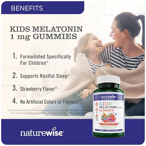 Naturewise Kids Melatonin Gummies 1 mg - Drug-Free, Non-Habit Forming Sleep Aid for Children Ages 4 & Up - Strawberry Flavored Gummy Bears - Vegan, Gluten Free, Non-GMO - 60 Count[2-Month Supply]