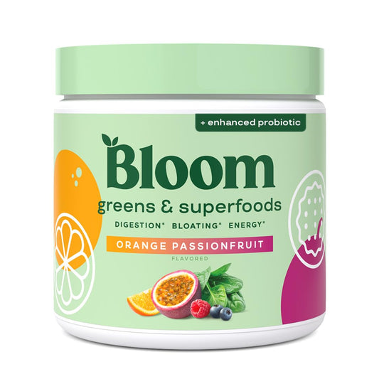 Pre-Order | Arrives in 5–10 Days – 
Bloom Nutrition Superfood Greens Powder, Digestive Enzymes with Probiotics and Prebiotics, Gut Health, Bloating Relief for Women, Chlorella, Juice Mix w/Beet Root Powder, 30 SVG, Orange Passionfruit