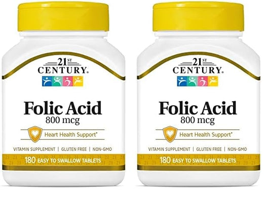 21st Century 800 mcg Folic Acid Tablets, Assorted, 180 Count (Pack of 2)