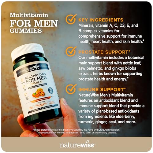 NatureWise Multivitamin for Men, Gummies Peach Mango Flavor, for Immune Health with Minerals & Vitamin A, C, D, E, B6 and B12, Vegetarian, Soy-Free, Non-GMO, 60 Count[1-Month Supply]