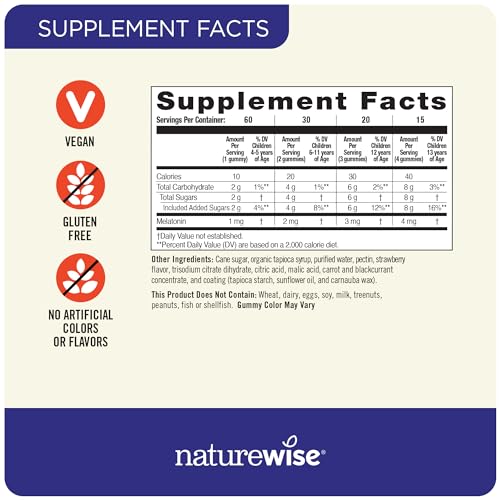 Naturewise Kids Melatonin Gummies 1 mg - Drug-Free, Non-Habit Forming Sleep Aid for Children Ages 4 & Up - Strawberry Flavored Gummy Bears - Vegan, Gluten Free, Non-GMO - 60 Count[2-Month Supply]