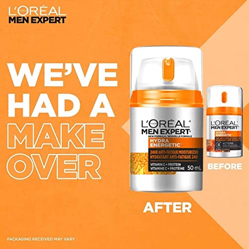 L'Oréal Paris Men Expert Hydra Energetic Face Cream with Vitamin C + Protein, 24HR Non-greasy Face Moisturizer for Men, For Dry and Dull Skin, Reduces look of fine lines & dark circles, Dermatologist Tested, 50ml