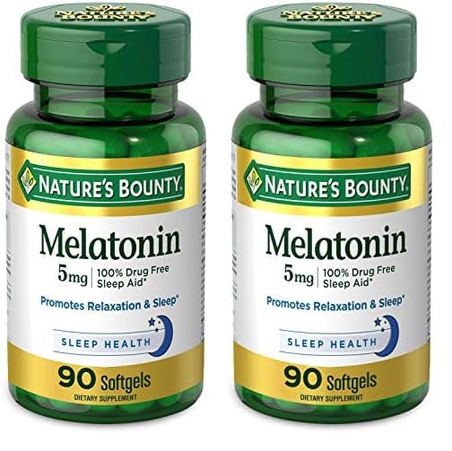 Nature's Bounty Melatonin, 100% Drug Free Sleep Aid, Dietary Supplement, Promotes Relaxation and Sleep Health, 5mg, 90 Softgels (Pack of 2)