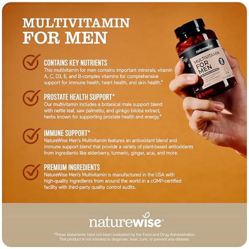 NatureWise Multivitamin for Men - Daily Male Support - Minerals & Herbs for Energy, Performance, Immunity - with Vitamin A, C, D, B-Complex - Soy & Gluten-Free, Non-GMO - 60 Capsules[1-Month Supply]