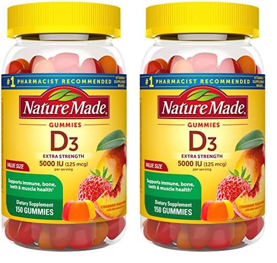 Nature Made Extra Strength Vitamin D3 5000 IU (125 mcg) per Serving, Dietary Supplement for Bone, Teeth, Muscle and Immune Health Support, 150 Gummies, 75 Day Supply (Pack of 2)