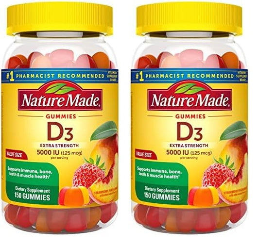 Nature Made Extra Strength Vitamin D3 5000 IU (125 mcg) per Serving, Dietary Supplement for Bone, Teeth, Muscle and Immune Health Support, 150 Gummies, 75 Day Supply (Pack of 2)