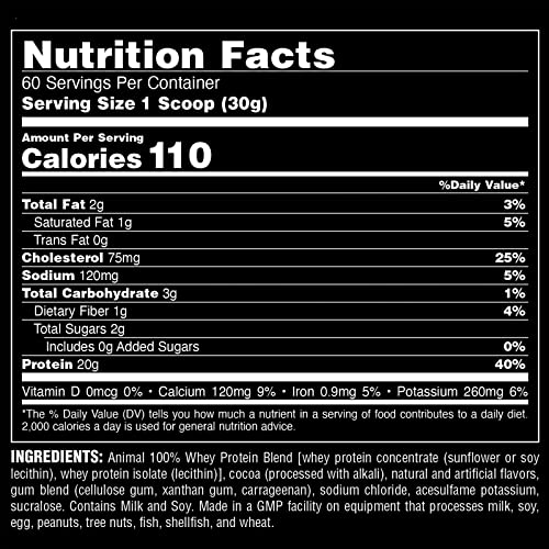 Animal 100% Whey Protein Powder – Whey Blend for Pre- or Post-Workout, Recovery or an Anytime Protein Boost– Low Sugar – Chocolate, 4 lb