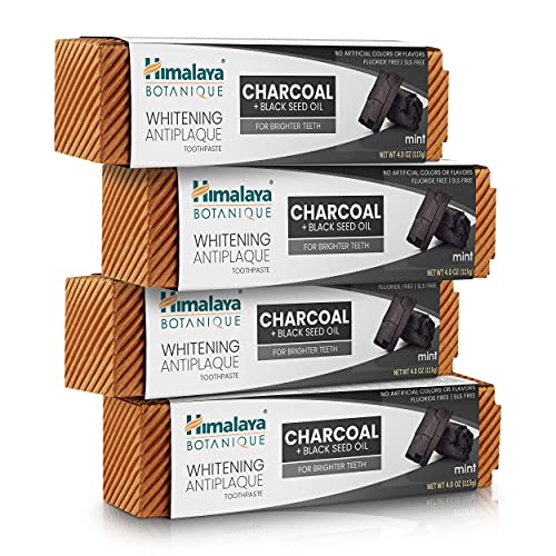 Himalaya Botanique Whitening Antiplaque Toothpaste with Charcoal + Black Seed Oil for Whiter Teeth, Mint Flavor, Fluoride Free, Vegan, Gluten Free & SLS Free, 113 g (4 oz), 4 Pack