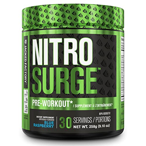NITROSURGE Pre Workout Supplement - Endless Energy, Instant Strength Gains, Clear Focus, Intense Pumps - Nitric Oxide Booster & Powerful Preworkout Energy Powder - 30 Servings, Blue Raspberry