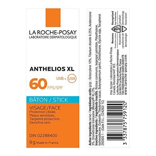 La Roche-Posay Sunscreen STICK For Face, Nose, Ears, Lips, Body, Scalp & All Sensitive Areas | Anthelios Targeted Protection Stick SPF 60 Broad Spectrum, Water Resistant, Fragrance Free, Travel Size, Dermatologist Recommended, 9G