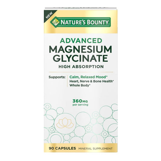 Nature's Bounty Advanced Magnesium Glycinate 360mg, Bioavailable Magnesium, Muscle & Bone Health Support, 90 Capsules