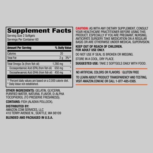 Pre-Order | Arrives in 5–10 Days – Amazon Elements Super Omega-3 with Natural Lemon Flavor, EPA & DHA Omega-3 fatty acids, 120 Count (1280 mg per serving, 2 Softgels) (Packaging may vary)