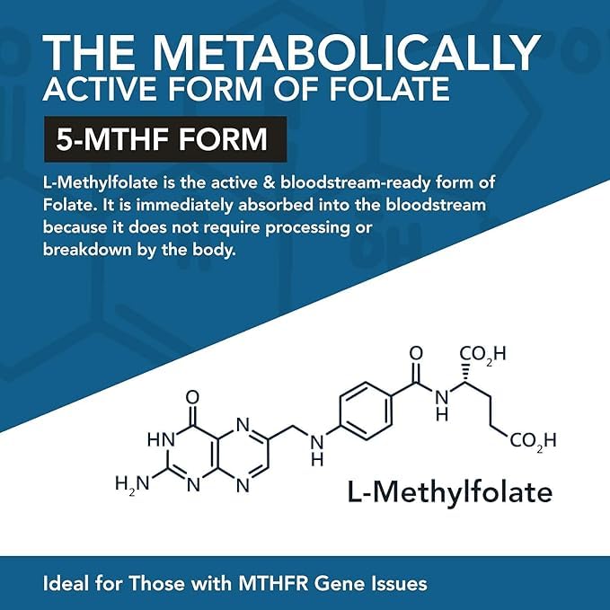 L Methylfolate 7.5mg plus Methyl B12 - Active 5-MTHF Form, MTHFR Supplement - Bloodstream Ready Methylated Folate + B12 Cofactor - Supports Mood, Homocysteine Methylation, Cognition (60 Capsules)