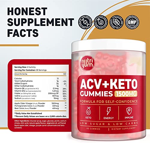 Keto ACV Gummies 1500 mg - ACV Keto Gummies Vegan Natural Advanced ACV Keto Gummies - Low Carbs ACV Gummies for Detox Cleanse, Gelatin-Free ACV Gummies - 60 pcs