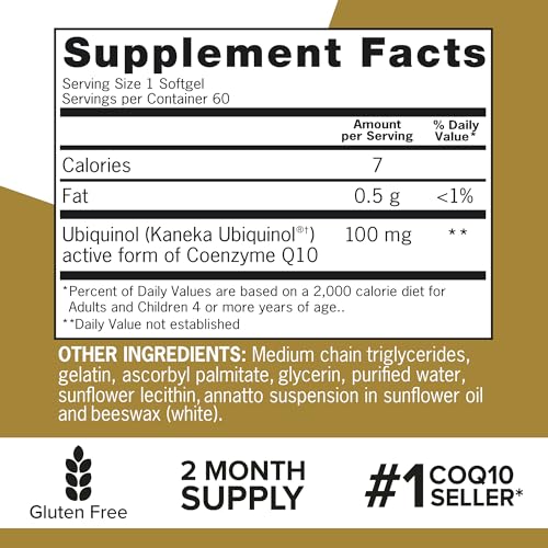 Qunol Ubiquinol CoQ10 100mg Softgels, Ubiquinol - Active Form of Coenzyme Q10, Antioxidant for Heart Health, Healthy Blood Pressure Levels, Beneficial to Statin Users, 60 Count