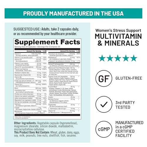 NatureWise Multivitamin for Women + Stress Support with Organic Whole Foods & Natural Minerals - B-Complex + Vitamin C + D3 K2 for Immunity, Hair, Skin & Nails - Non-GMO - 60 Capsules[30-Day Supply]