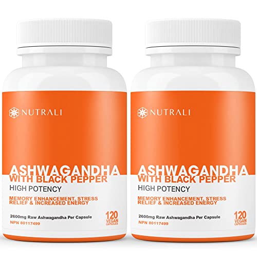New Nutrali Ashwagandha Powder with Black Pepper Extract - Highest Potency 2600mg per serving (2 capsules), 120 Vegan Capsules, Improved Memory, Increased Energy and Decreased Stress Supplement. Powerful Ancient Ayurveda Adaptogen. (2 Pack)