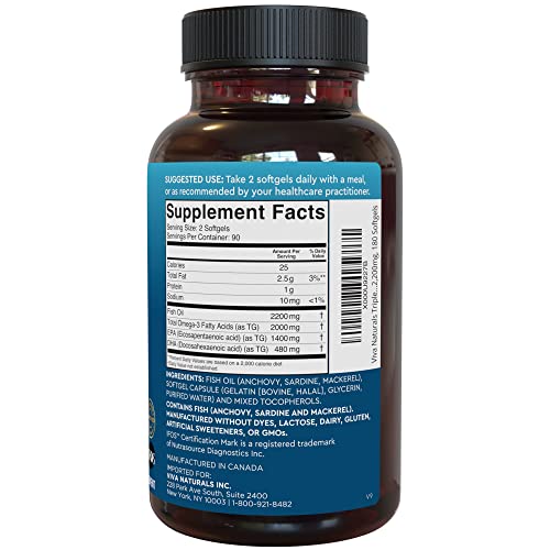 Viva Naturals Triple Strength Omega 3 Fish Oil Supplement - 2200 mg Wild Caught and Sustainably Sourced Fish Oil Vitamins with Omega 3 Fatty Acids Including EPA DHA, No Fish Burps, 180 Softgels