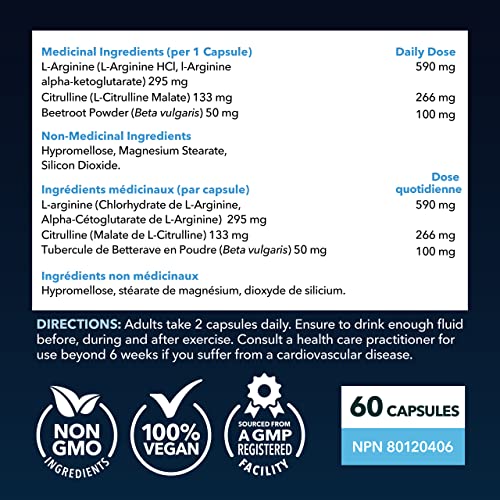L-Arginine & L-Citrulline Supplement | Stamina, Endurance, Workout & Performance Support for Men | 500mg | L Arginine Nitric Oxide Pills Plus L Citrulline | 60 Capsules Vegan, Third-Party Tested