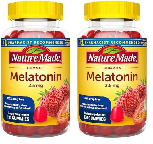 Nature Made Melatonin 2.5 mg Gummies, 100% Drug Free Sleep Aid for Adults, 130 Gummies, 130 Day Supply (Pack of 2)