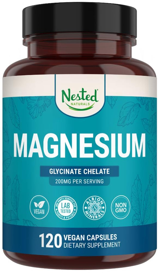 Nested Naturals Magnesium Glycinate Chelate - 200mg Chelated Magnesium Supplement for Muscle Cramps, Relaxation, & Sleep Support - 100% Albion TRACCS Buffered Magnesium Glycinate - 120 Vegan Capsules