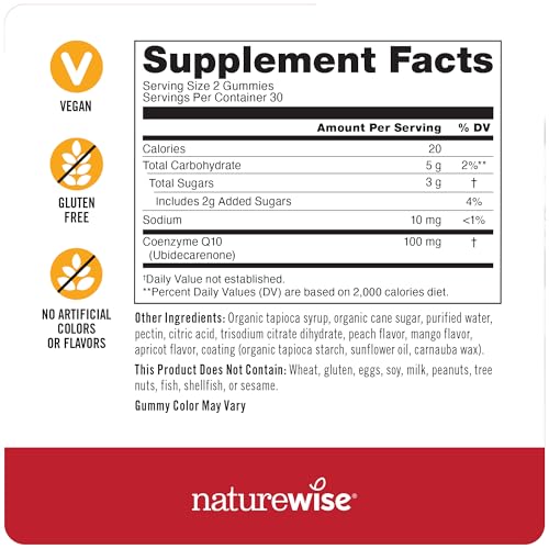 NatureWise CoQ10 Gummies 100mg - Peach Mango Flavor - Supplement for Heart Health & Antioxidant Activity - Pectin-Based, Vegan, Soy and Gluten Free, Non-GMO - 60 Count[1-Month Supply]