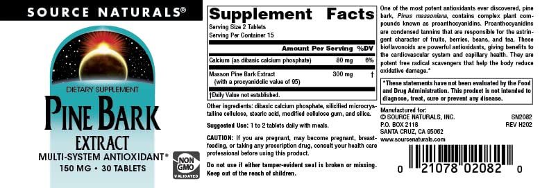 Pre-Order | Arrives in 5–10 Days – Source Naturals Pine Bark Extract - Multi-System Antioxidant* - 150mg - 30 Tablets