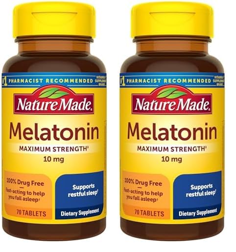 Nature Made Melatonin 10mg Maximum Strength Tablets, 100% Drug Free Sleep Aid for Adults, 70 Count, 70 Day Supply (Pack of 2)