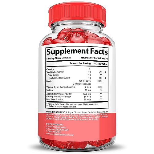 Justified Laboratories Keto Bites Keto ACV Gummies 1000MG Vegan Non GMO with Pomegranate Juice Beet Root B12 60 Gummys