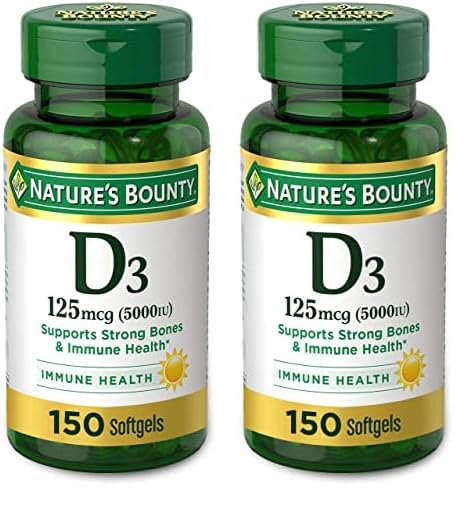 Nature's Bounty Vitamin D3, Immune and Bone Support, 5000IU, Rapid Release Softgels, 150 Ct (Pack of 2)