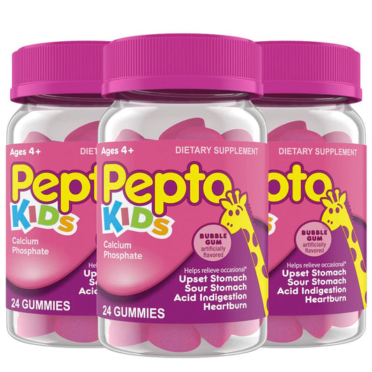 Pepto Kids Gummies, Helps Relieve Occasional Upset Stomach, Acid Indigestion, Sour Stomach and Heartburn, 72 Total (3 Packs of 24)