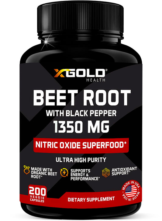 Organic Beet Root Beet Capsules 1350 mg 200 Veggie caps Superfood Nitric Oxide Strongest Premium Supplement Natural Nitrates | Black Pepper for Best Benefits | Non-GMO, & Gluten-Free | Made in USA