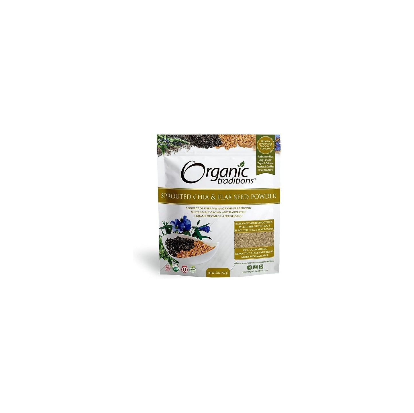Organic Traditions Sprouted Chia Seeds and Flax Seed Powder, Non-GMO Superfood, 227g/8oz Bag