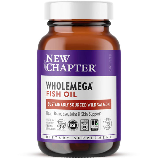 New Chapter Wholemega Fish Oil Supplement - Wild Alaskan Salmon Oil with Omega-3 + Vitamin D3 + Astaxanthin + Sustainably Caught - 120 ct, 1000mg Softgels